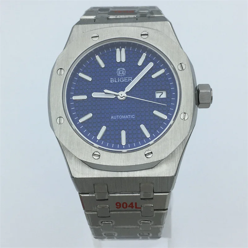 Bliger Top Brand 41Mm Classic Blue Dial Seiko Nh35 Pt5000 Movimento Vetro Zaffiro Data Luminoso Orologio Meccanico Da Uomo Di Lusso