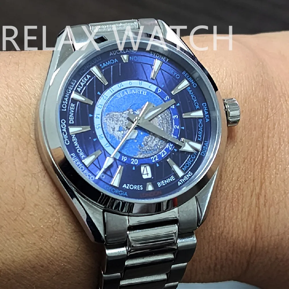Orologio In Acciaio Inossidabile Da 41Mm Worldtimer Calendario A 6 Ore Con Retro In Vetro Seiko Nh35 Movimento Automatico 2024 Nuovo 150