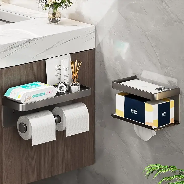 Gantungan Kertas Toilet Bebas Paku Aksessori Tisu Kamar Mandi Rak Telepon Tempat Kertas Gulung Bebas Pukulan Aksesori Kamar Mandi