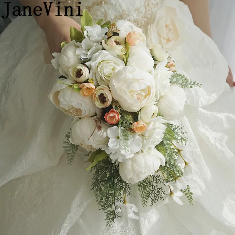Janevini Cascata Bianca Bouquet Da Sposa Peonia Artificiale Rosa Fiori Da Sposa A Mano Damigella D'Onore Sposa Bouquet Di Fiori Fiori Sposa