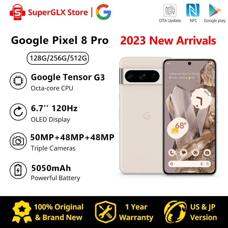 Originale Google Pixel 8 Pro 5G Google Tensor G3 12Gb 128Gb 6.7 "Nfc Octa Core Android 14 Ip68 Telecamere Da 50Mp Resistenti Alla Polvere/All'Acqua