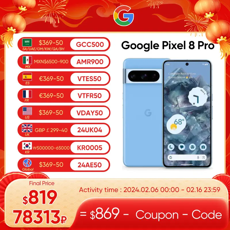 2023 Nuovo Google Pixel 8 Pro 5G Google Tensor G3 12Gb 128Gb 6.7 "Nfc Octa Core Android 14 Ip68 Telecamere Da 50Mp Resistenti Alla Polvere/All'Acqua