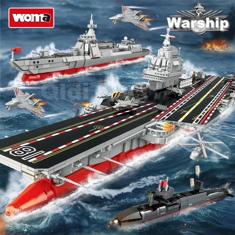 Woma Navy Series Aircraft Carrier Battle Group Nuclear Submarine Building Blocks 055 Cruiser Bricks Soldier Wear Model Toys