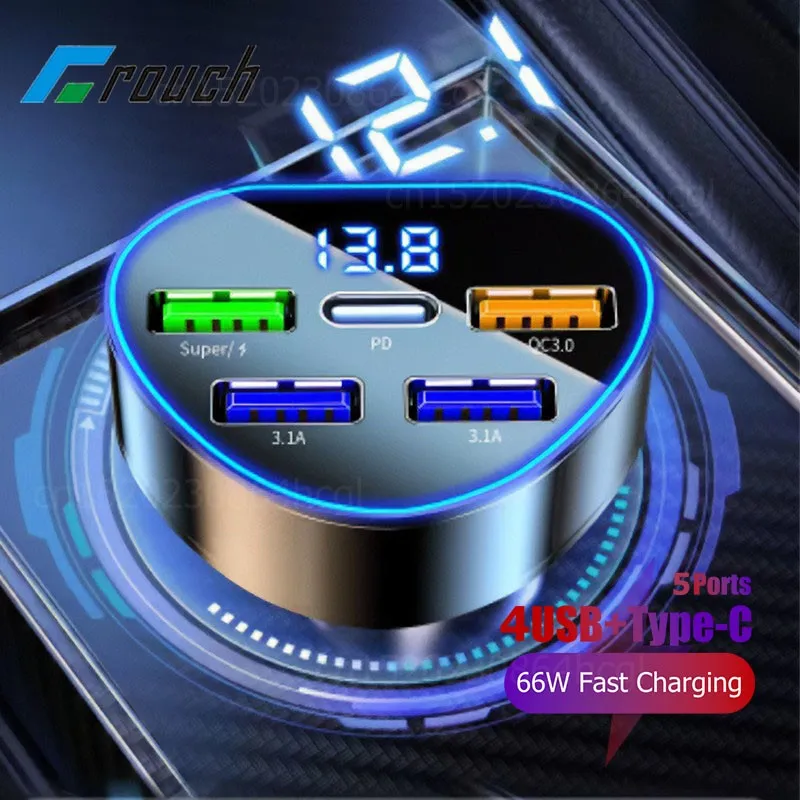 5 Porte 66W Caricabatteria Da Auto Accendino Digitale Ricarica Rapida Qc3.0 Pd Usb Tipo C Caricabatteria Da Auto Per Iphone Xiaomi Samsung Huawei