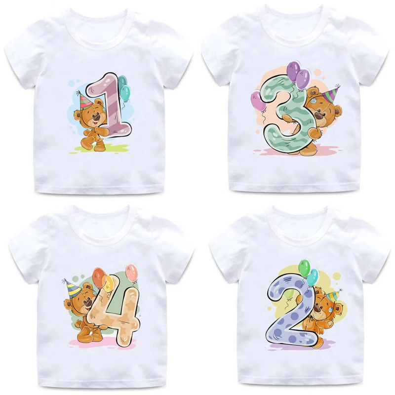 Boy Girl Birthday Bear Numero 1-9 Bow Print T-Shirt Baby Cartoon Bear Divertente Girocollo T-Shirt Miglior Vestito Regalo Di Compleanno