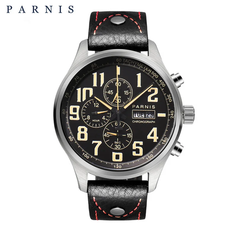 Moda 43Mm Parnis Quartz Men Watch Cronografo Datejust Military Pilot Calendar Orologi 100M Cinturino In Pelle Impermeabile Pa6053