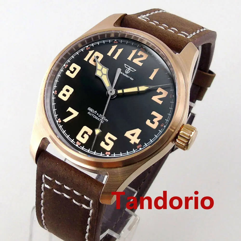 39Mm Tandorio Nh35A Pt5000 Movimento Solid Cusn8 Bronze 20Atm Diving Sapphire Glass Automatic Pilot Mens Watch Green Lume Leather