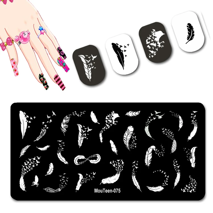 2022 New Feather Nail Stamping Plate Piume Morbide Chiodi Stampo Piumaggio Nail Art Template Per Unghie Design #075