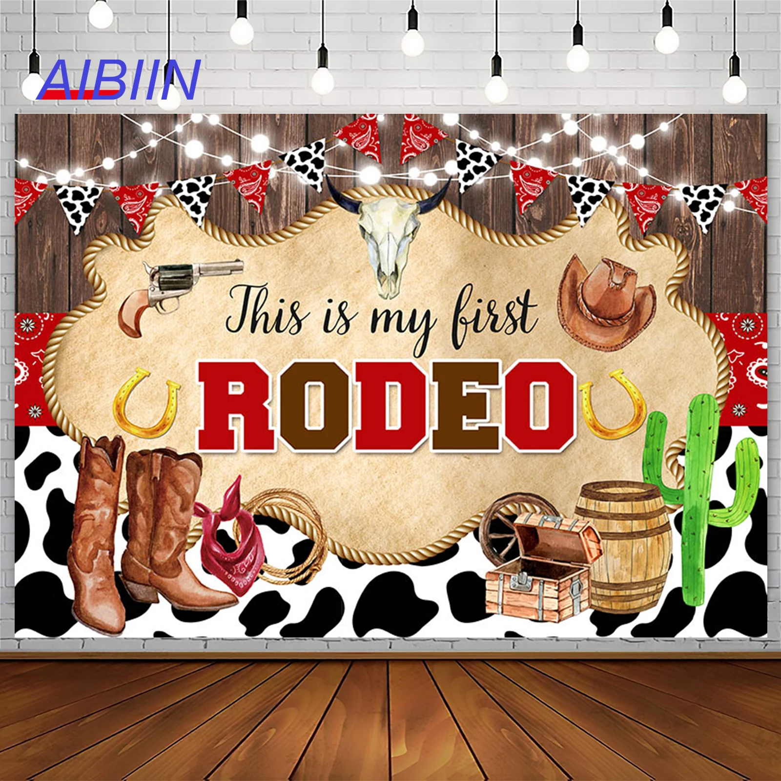 My First Rodeo 1St Birthday Fondale Western Cowboy Cow Print Wild West Rustic Wood Boot Hat Photography Background Party Decor