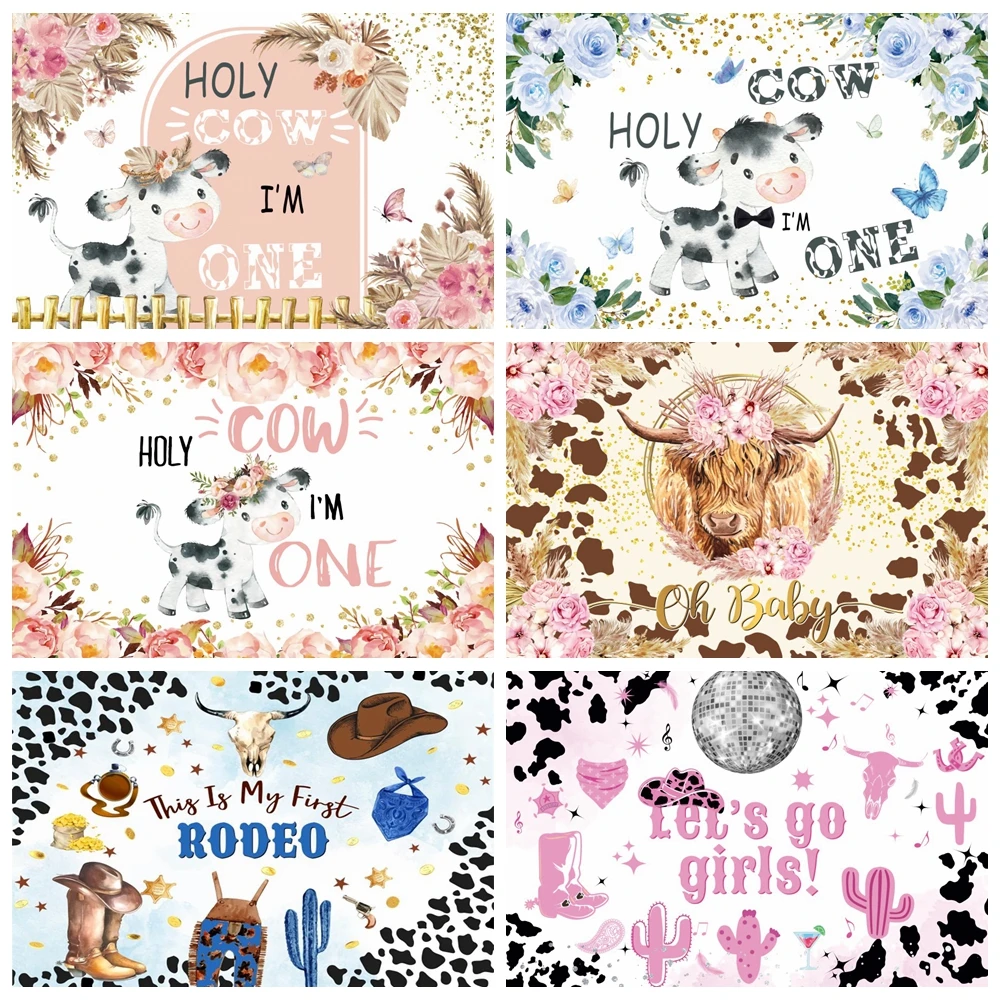 Holy Cow Baby Shower Fondale Cartoon Farm Cow Cowboy My First Rodeo Kids 1St Birthday Photography Background Photo Studio Puntelli