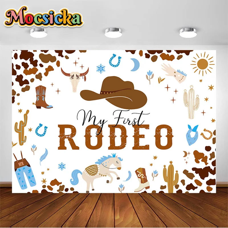 Mocisicka My First Rodeo Photography Background Cappello Da Cowboy Grigio Chiaro Jeans Da Mucca Little Boy Party Family Portrait Photography