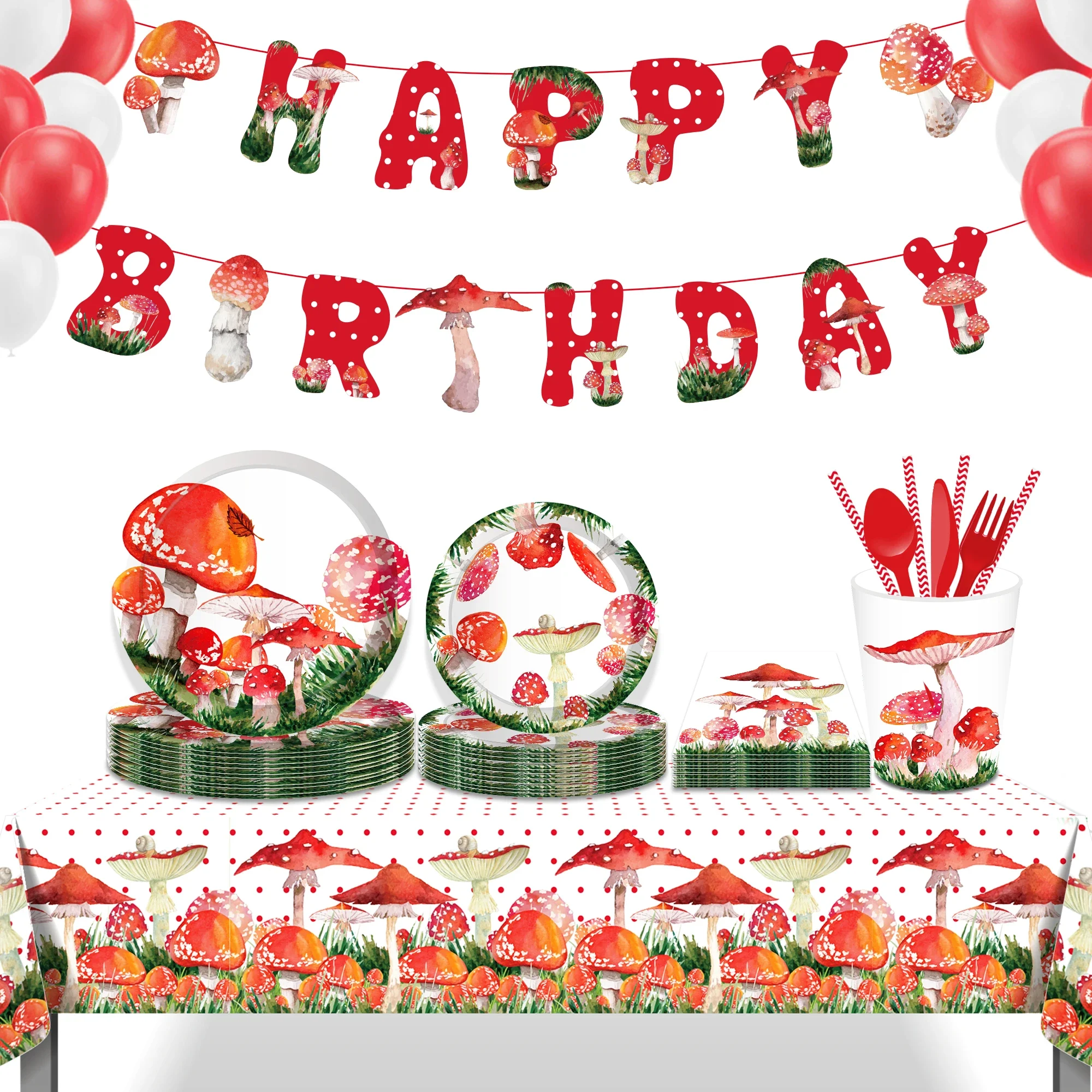 Cartoon Woodland Mushroom Happy Birthday Party Set Di Stoviglie Usa E Getta Piatti Wall Hanging Banner Baby Shower Party Supplies