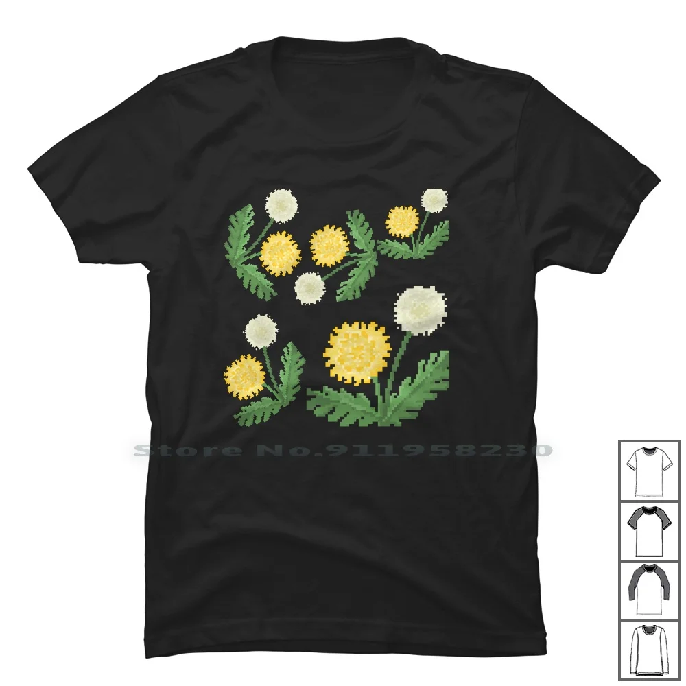 Maglietta Pixelated Tarassaco 100% Cotone Pixelated Dandelion Flowers Yellow Nature Flower Pixel Ture Ring Lion Late Elio