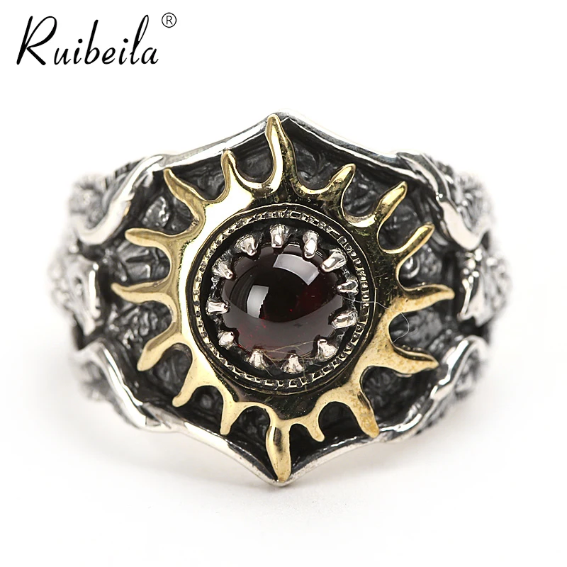 Muslimand En Argent Tretro Soleil Motif Aigle Volant Bague Tretro Gemme Rouge Bague À La Mode Pour Homme