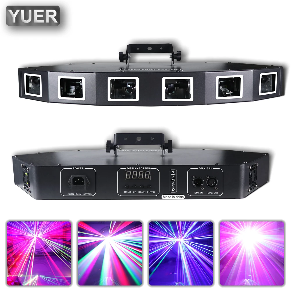 Yuer 6 Head Rgb Fan Shape Laser Stage Lighting Effect Proiettore Dmx Music Sound Per Dj Disco Party Bar Lampada Natalizia
