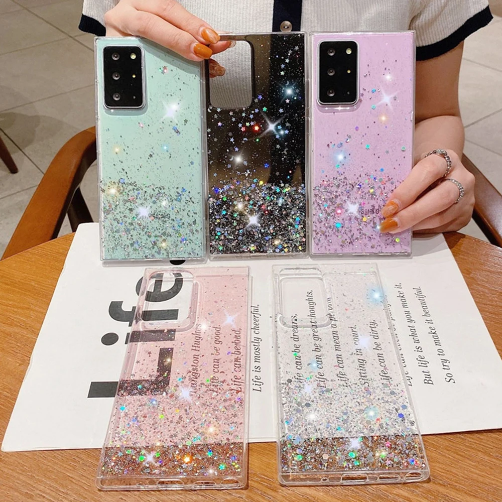 Per Samsung Galaxy S24 S23 S22 S21 S20 S10 Fe Plus Ultra Case Silver Foil Paillette Epoxy Cover Soft Clear Shell Antifall Fundas