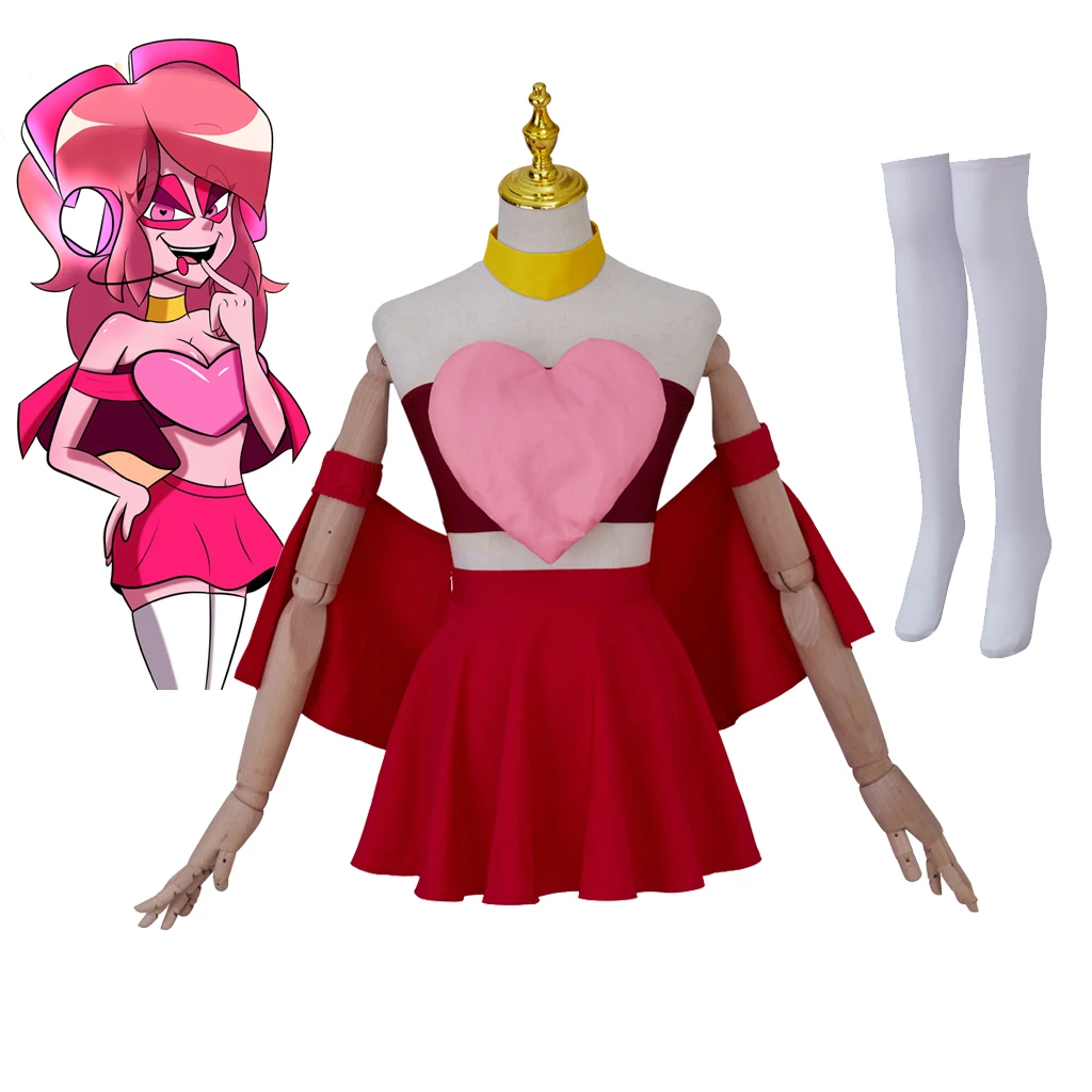 Anime Cosplay Miss Heed Costume Pink Heart Dress Set Completo Donna Girl Miss Heed Sexy Pink Dress Con Calzini Outfit Per Halloween