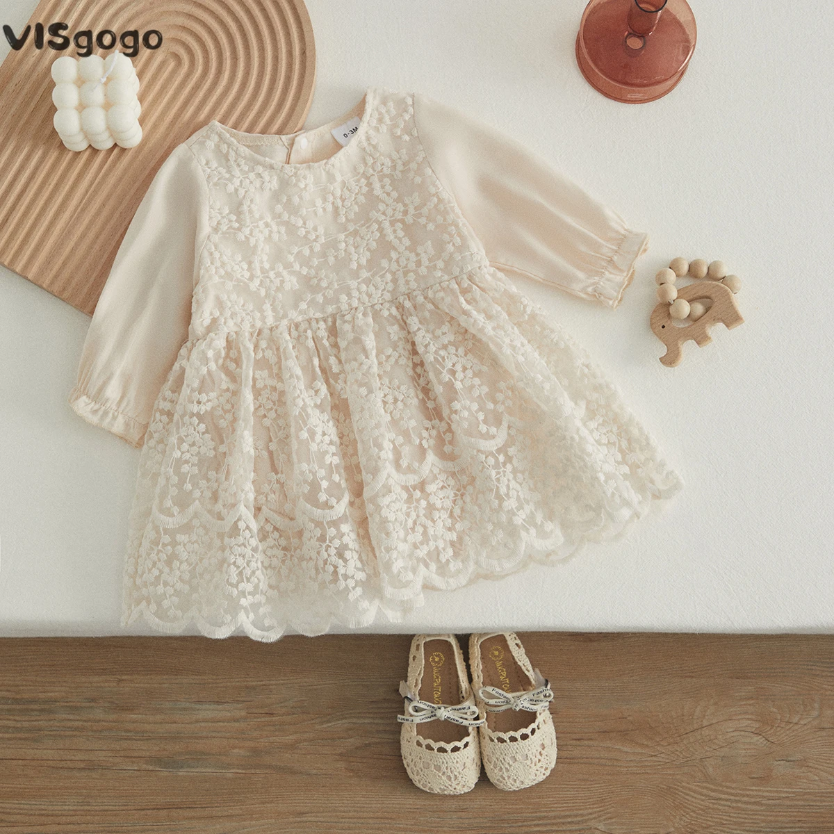 Visgogo Baby Girls Tutu Romper Dress Long Sleeve Round Neck Patchwork High Waist Lace Floral Party Princess Dress
