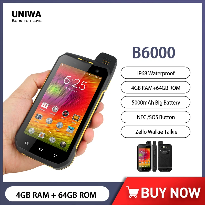 Uniwa B6000 Cellulari Zello Ptt Walkie Talkie Ip68 Smartphone Impermeabile Android 6.0 4Gb + 64Gb 5000Mah Octa Core Sos Button Nfc