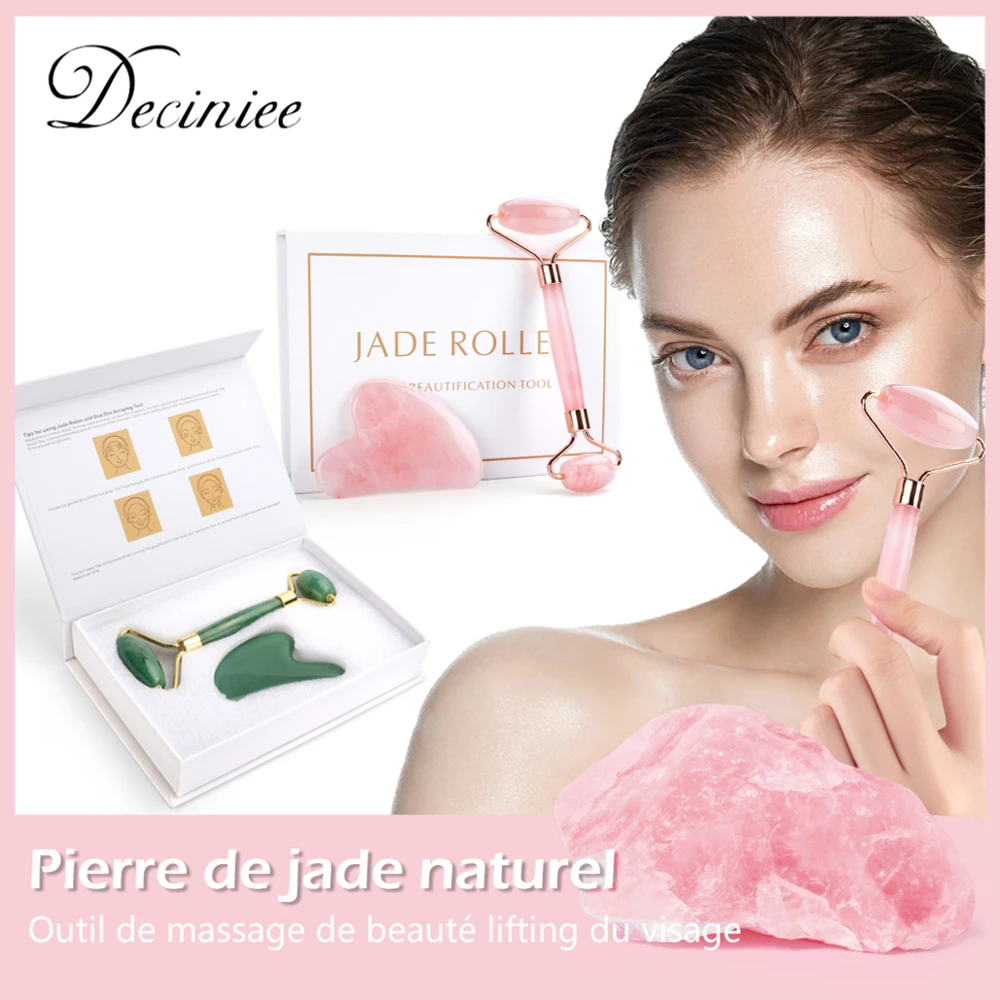 Rullo Di Giada Di Quarzo Rosa Naturale Gua Sha Set Massaggiatore Per Il Viso Rullo Di Massaggio Con Pietra Di Giada Set Di Sollevamento Del Viso Strum