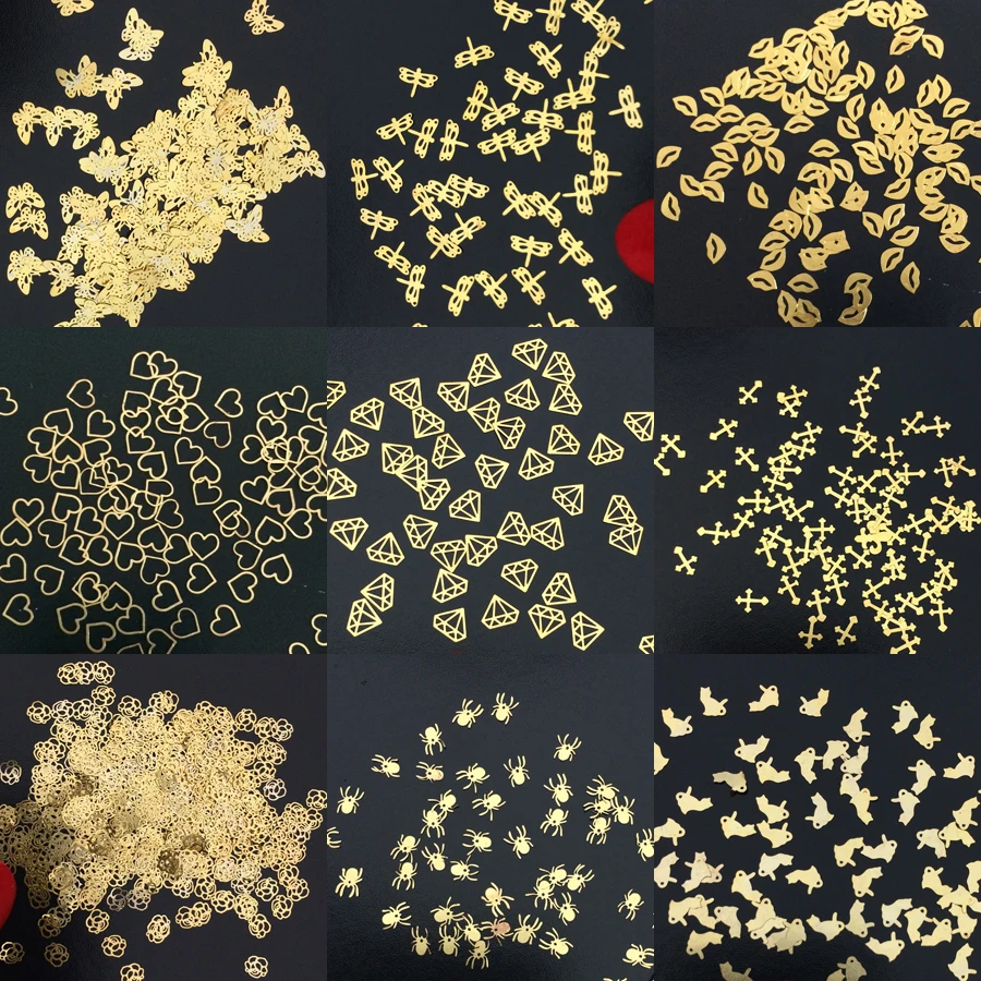 100 Pz/Lotto Decalcomanie Del Chiodo Del Metallo Dell'Oro Fiocchi Ultrasottili Chiodo Bling Strass Carino 3D Decorazioni Di Arte Del Chiodo Fascino Ri