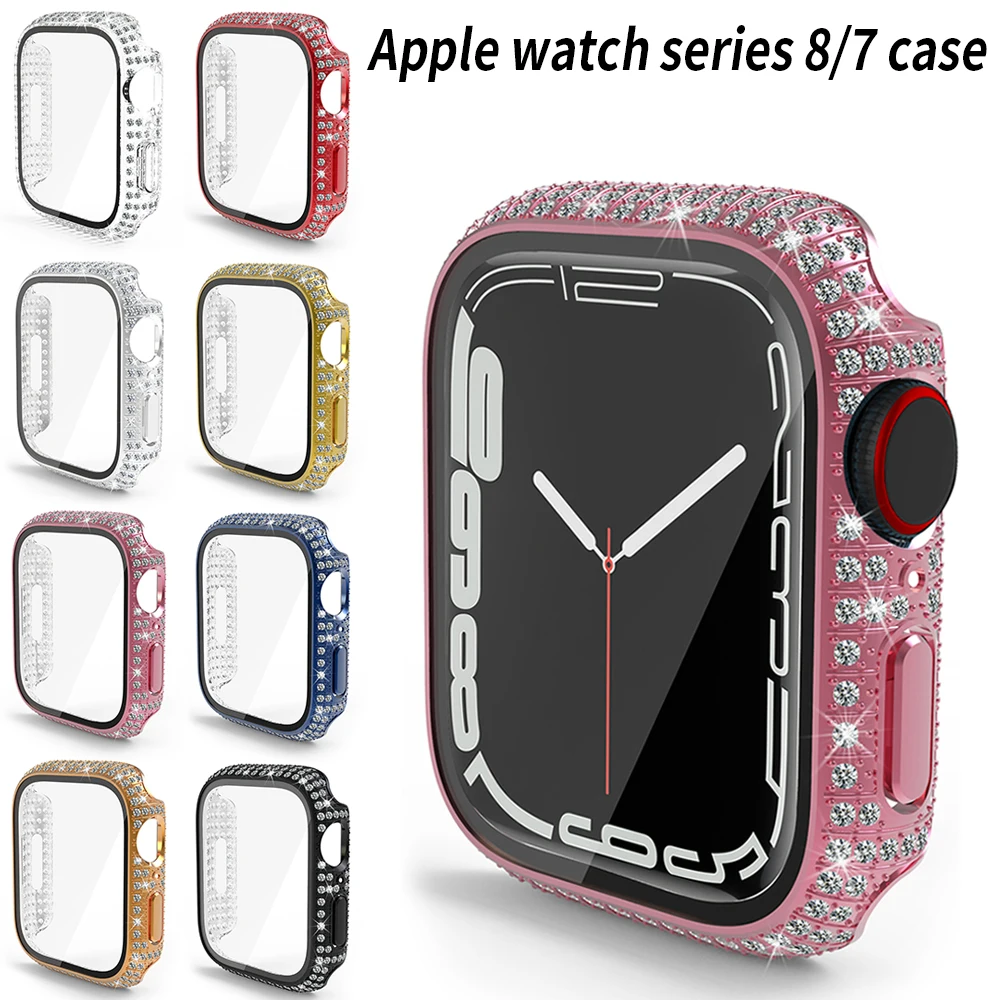Vetro + Custodia Per Apple Watch Series 7 41Mm 45Mm Cover Bling Diamond Woman Jewelry Bumper Iwatch Series 8 41Mm 45Mm Custodia Protettiva