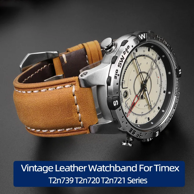 Cinturino In Pelle Vintage Con Bocca Convessa Da Uomo 24*16Mm Per Timex Compass T2N739 T2N720 T2N721 Accessori Per Cinturini Smerigliati Serie