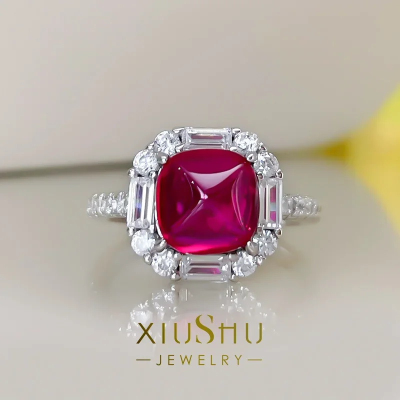 Desire Daily Seiko Sugar Tower Ruby Ring Con T-Square High Carbon Diamond 925 Silver Intarsiato Fat Square