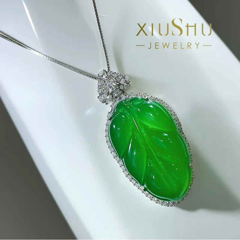 Seiko Ice Brazilian Green Calcedonio Leaf Large Pendant Jade 925 Sterling Silver Con Gioielli Da Sposa Con Diamanti Ad Alto Tenore Di Carbonio