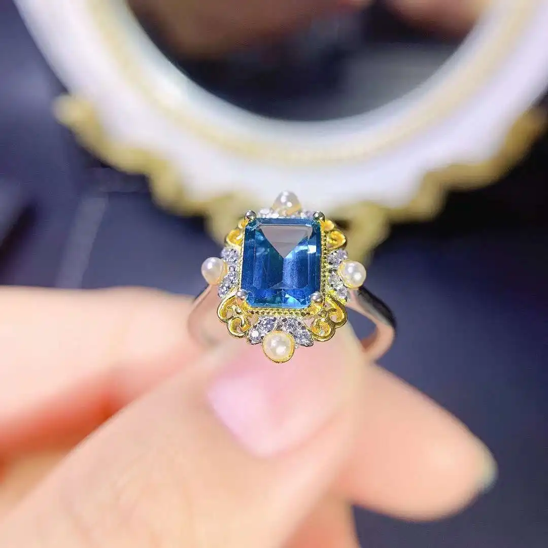 New Natural London Blue Topaz Ring 925 Silver Seiko Set Con Pietre Blu Per Le Donne