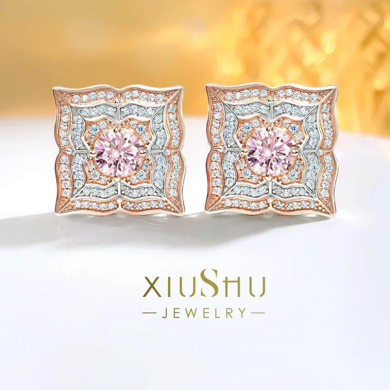 Fashion Seiko Flower Square Powder Diamond 925 Pure Silver Ear Stud Intarsiato Con Diamante Ad Alto Tenore Di Carbonio Per Il Matrimonio
