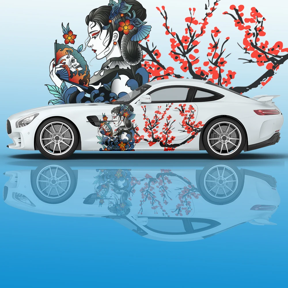 Geisha Giapponese Plum Blossom Ink Painting Car Decal Side Graphic Vinyl Decal Modificato Racing Print Decoration Ita Decal Sticker