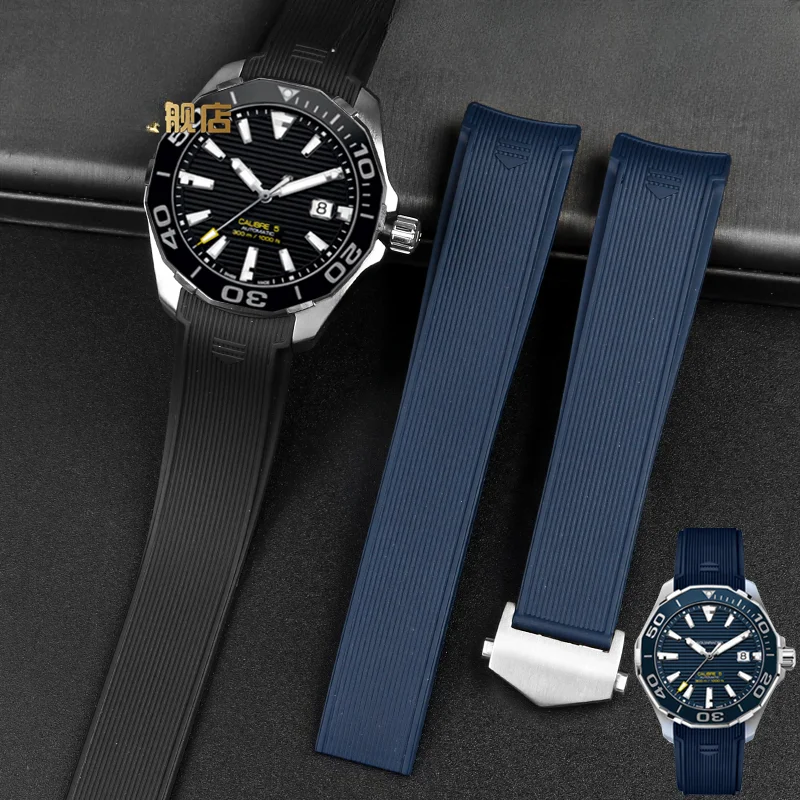 Per Tag Heuer Concept F1 Silicone Diving 300 Rubber Arc Interface Fold Buckle Black Blue Stripe 22Mm Con Cinturino Per Orologio Strumento