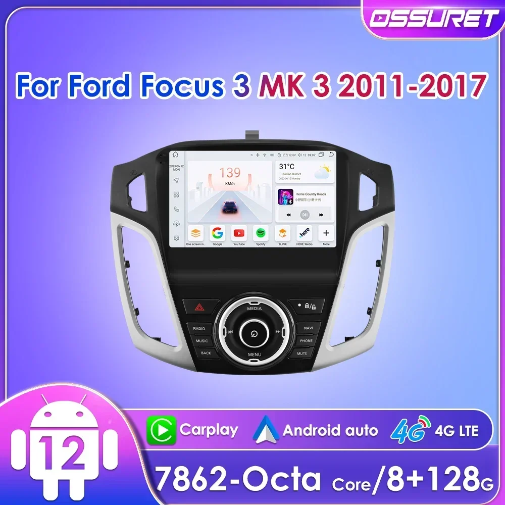 Ossuret 9 Pollici 2 Din Android 12 Autoradio Per Ford Focus 3 Mk3 2011- 2017 Autoradio Unità Principale Carplay Gps Navi Rds Dsp 4G Bt Swc