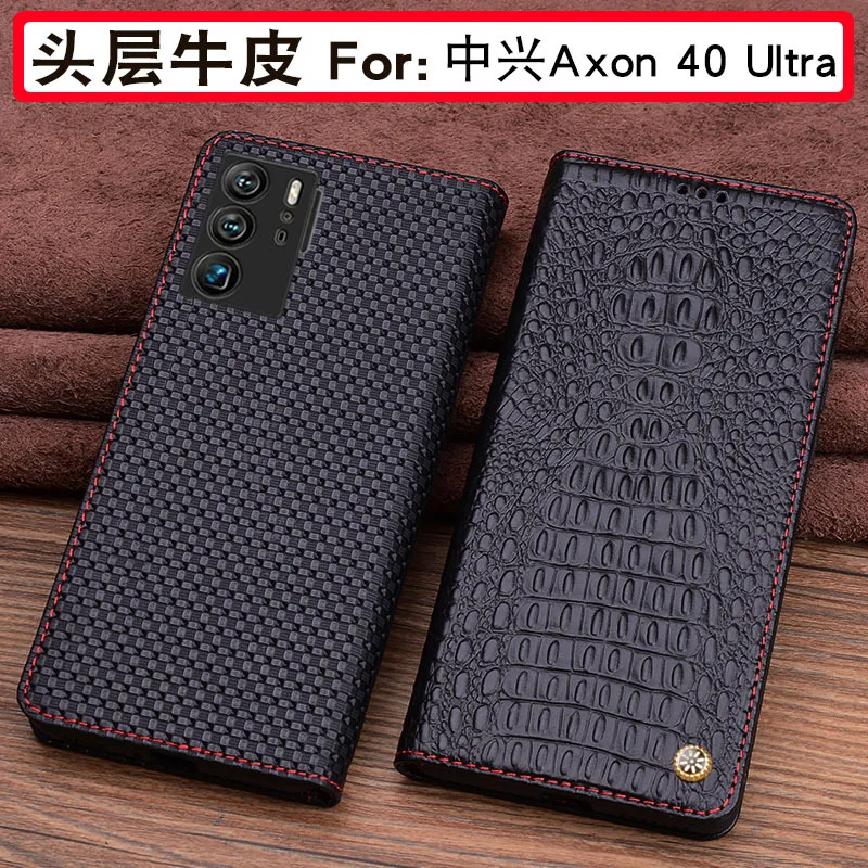 Luxury Genuine Leather Magnet Clasp Phone Cove Per Zte Axon 50 40 Axon40 Axon50 Ultra Kickstand Holster Case Custodia Protettiva Funda