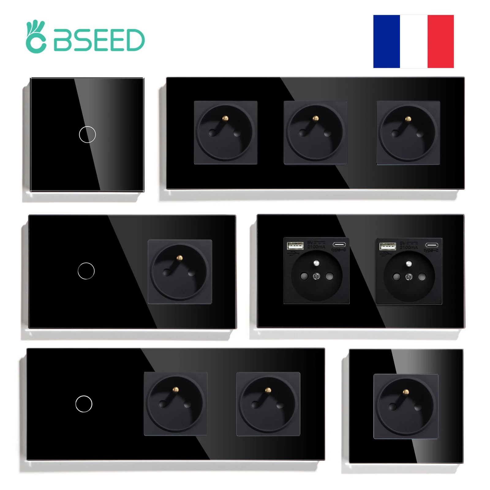 Bseed Touch Light Switch Francia Prese Usb C Phone Charge Crystal Glass 1/2/3Gang Interruttori A Parete Doppie Prese Nere