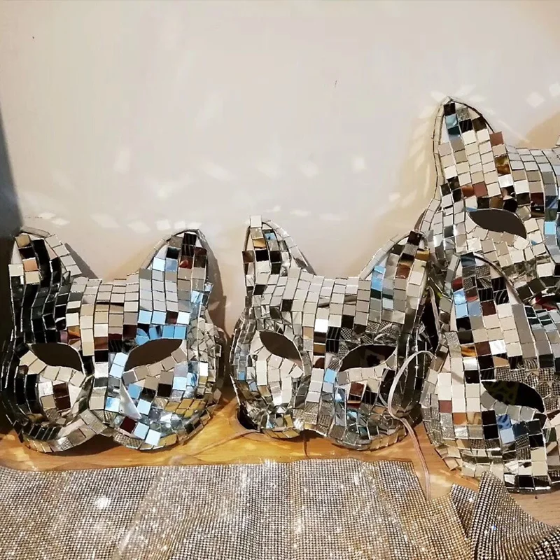 Maschera Da Discoteca Fox Mirror Cat Mask Drag Queen Holloween Women Dj Dance Glass Stage Sliver Shiy