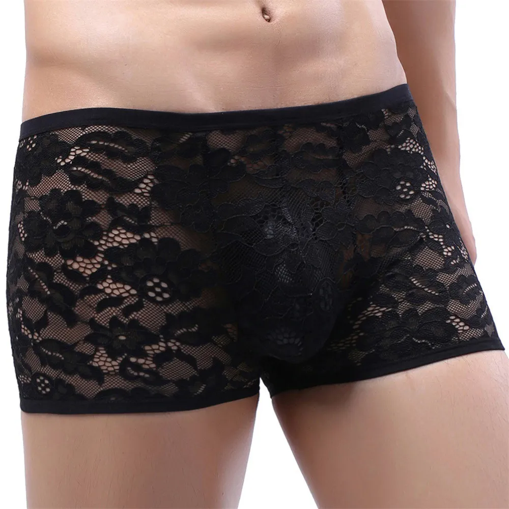 Sexy Mens Sissy Boxer Pizzo Sottile Trasparente Vedere Attraverso Slip Biancheria Intima Semitrasparente U Pouch Sissy Mutandine Pantaloncini Mutande