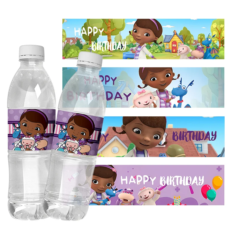 6Pcs Disney Doc Mcstuffins Decorazioni Per Feste Adesivi Per Bottiglie D'Acqua Festa Di Compleanno Baby Shower Decorazioni Per Feste Per Bambini Forni