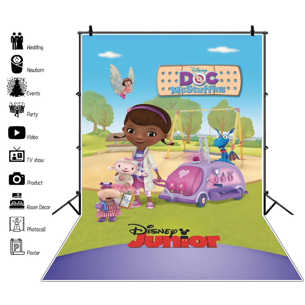 Fotografia Sfondo Doc Mcstuffins Decorazione Della Festa Di Compleanno Per Ragazza Dottore Sfondo Animale Ambulanza Auto Foto Banner Puntelli