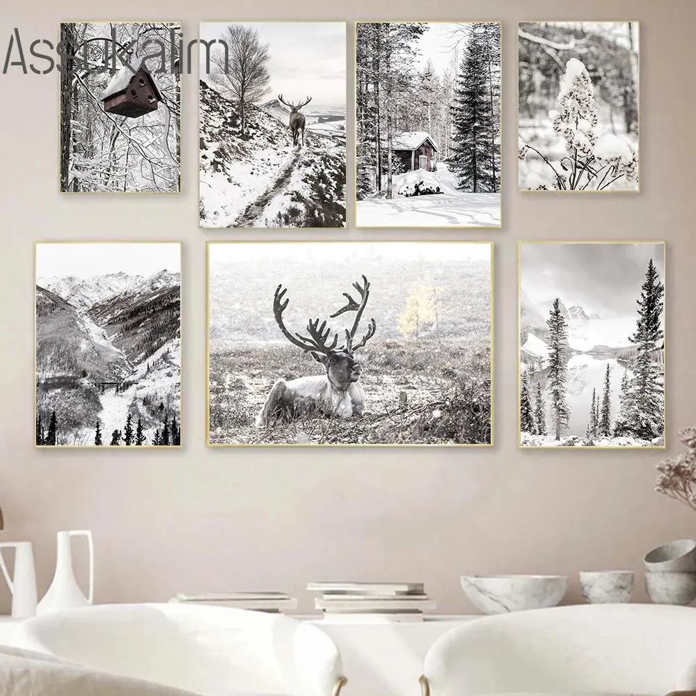 Snow Landscape Canvas Poster Reed Forest Painting Poster Alce Print Pictures Mountain Wall Paintings Nordic Poster Home Decor