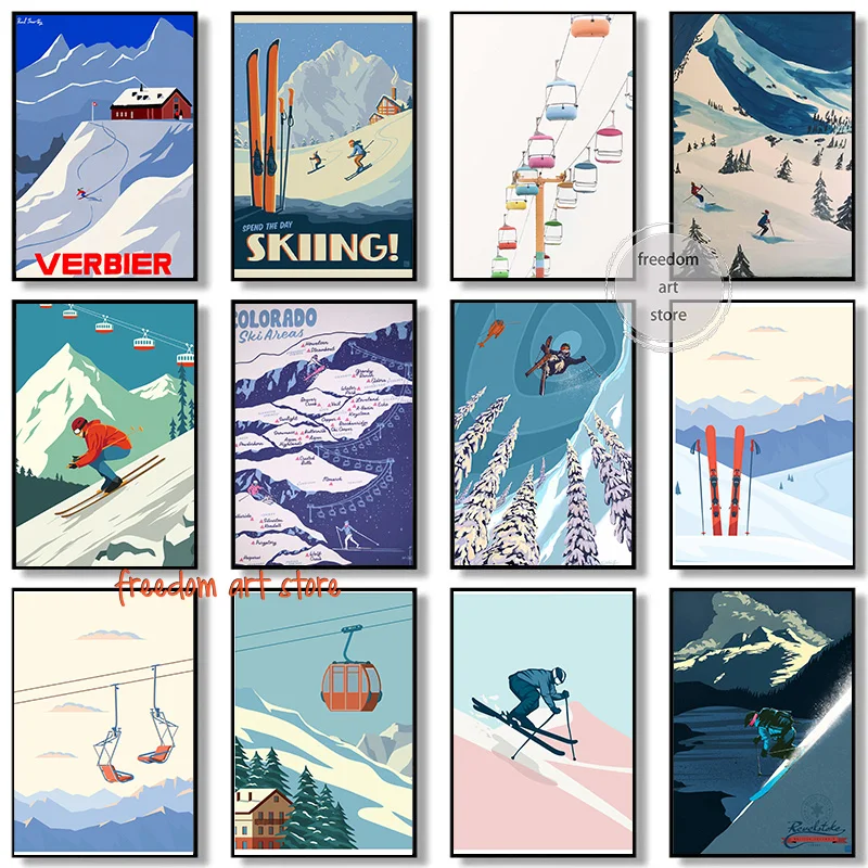 Vintage Ski Lift Sci Inverno Mountain Landscape Mountaintops Gondola Art Poster Canvas Painting Stampe Murali Picture Home Decor