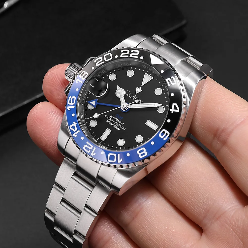 Cadisen New Mens Gmt Luxury Watch 200M Waterproof Ar Sapphire Mirror Steel Orologio Da Polso Meccanico Nh34 Movt Ceramic Bezel Watches