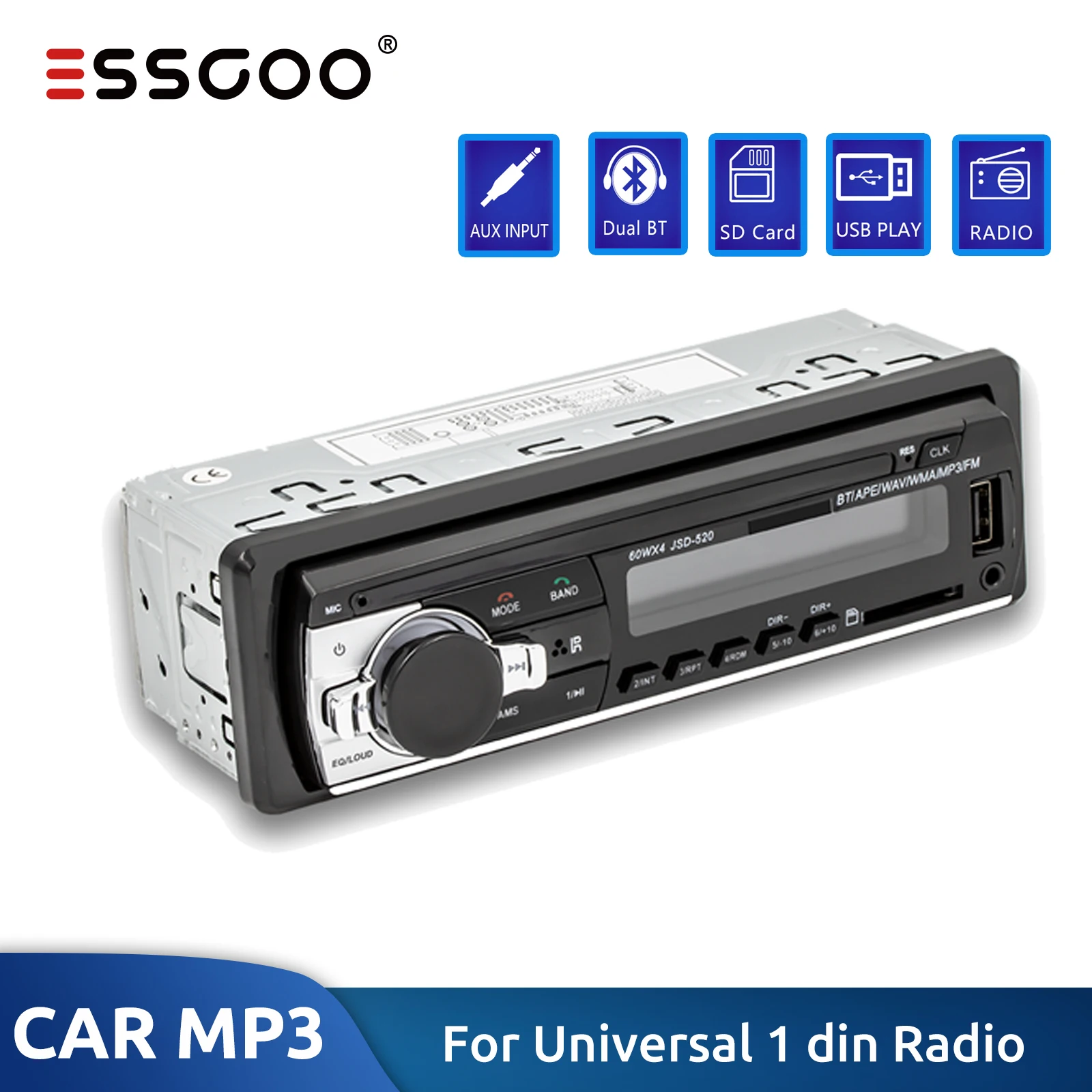 Essgoo Autoradio 1 Din Bluetooth Lettore Mp3 Dual Usb Sd Card Ingresso Aux Fm Power-Off Memory Clock Display Autoradio Universale