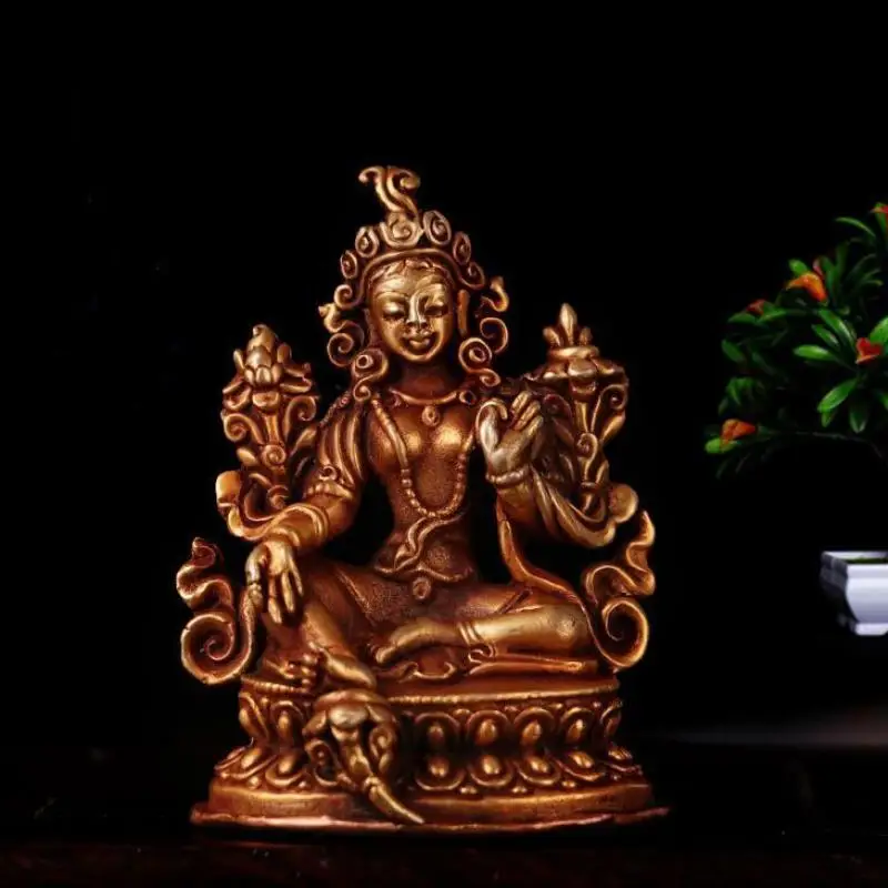 Tibet Tibetan Buddhism Handmade Old Budda Statue Copper Gilt Green Tara 2"