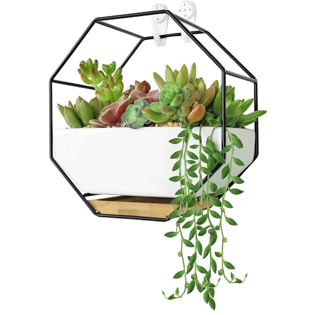 Hanging Ceramic Planter With Metal Stand Octagon Design Wall-Mounted Decoration Flower Pot For Succulents Air Plant Container