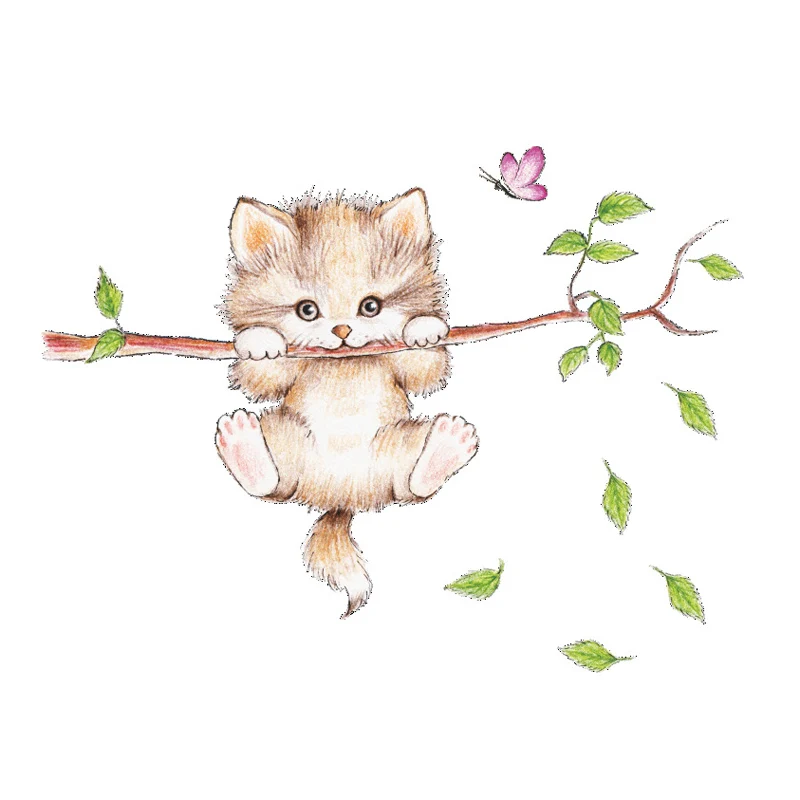 Lovely Cat Hanging Branches Butterfly Wall Stickers For Kids Room Camera Da Letto Per Bambini Simpatici Animali Decalcomanie Da Parete Nursery Decor M