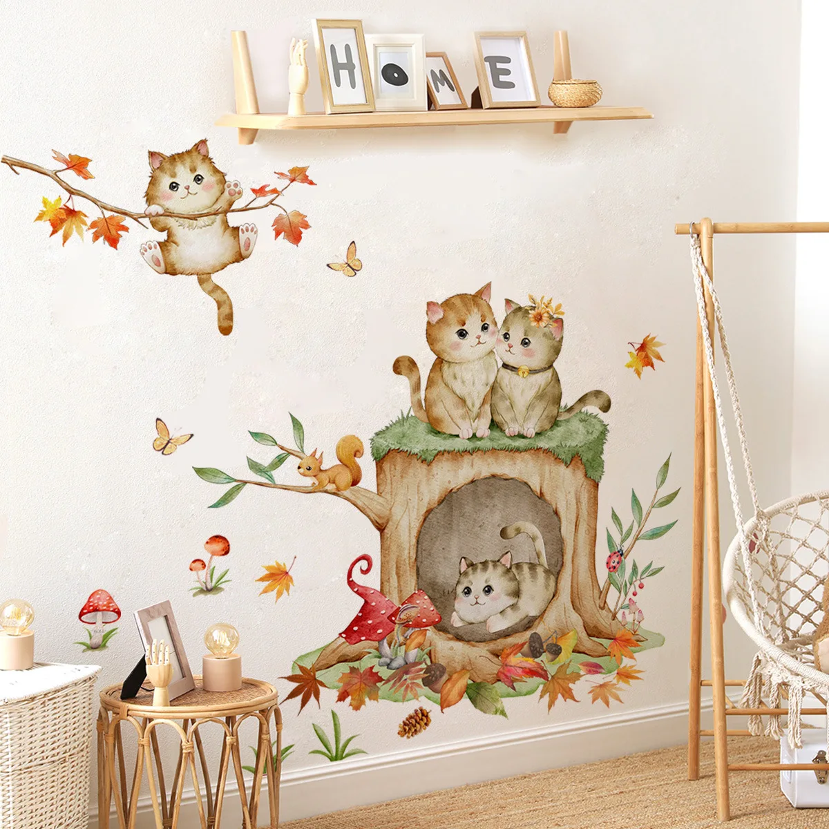 Lovely Cat Hanging Branches Butterfly Wall Stickers For Kids Room Camera Da Letto Per Bambini Simpatici Animali Decalcomanie Da Parete Nursery Decor M