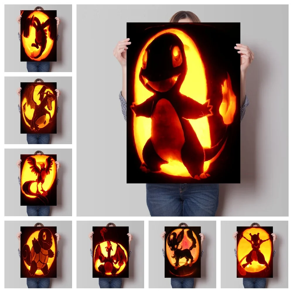 Halloween Vintage Poster Dipinti Decorativi Anime Figure Pikachu Charizard Bulbasaur Squirtle Pokemon Art Wall Murale