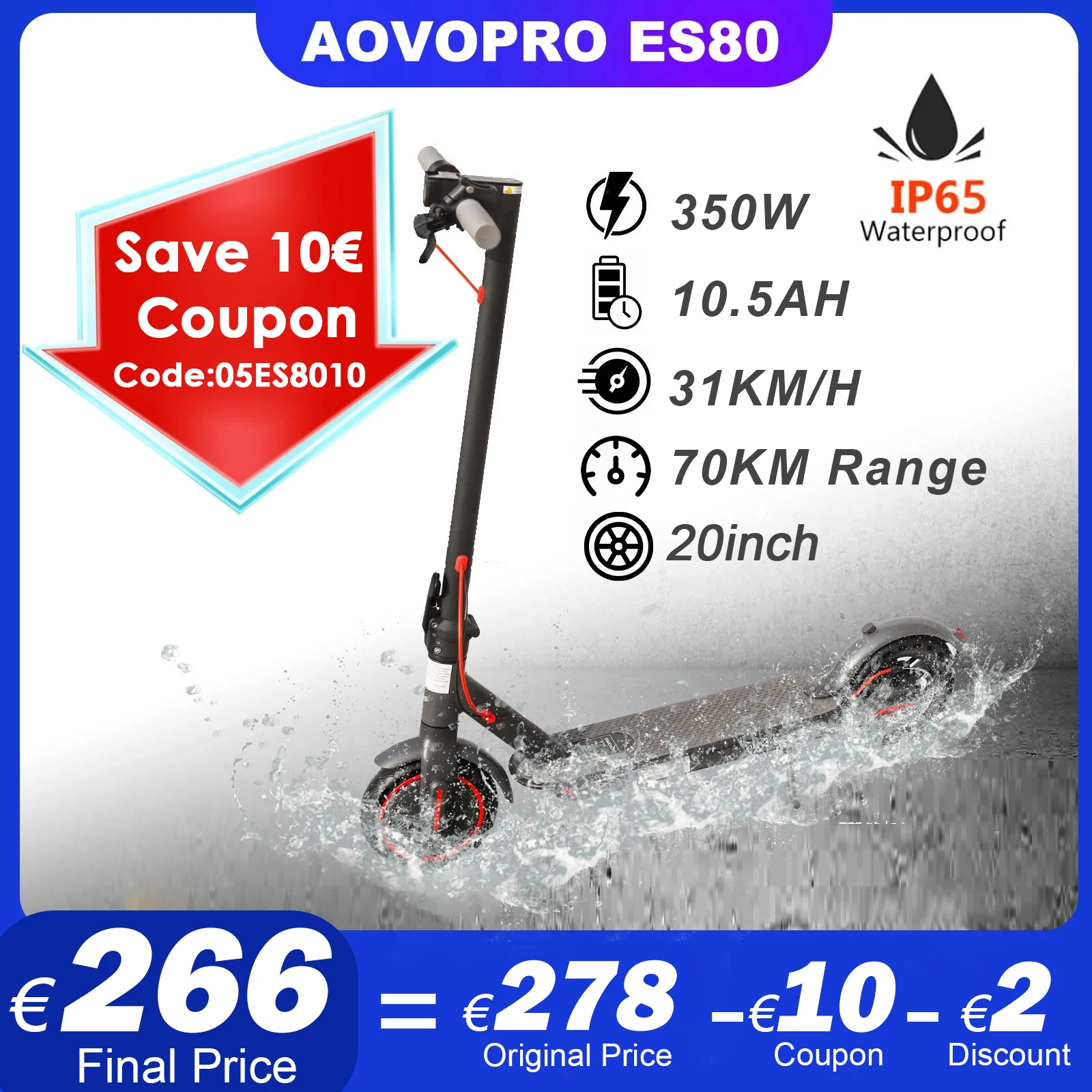 Aovopro Es80 350W Scooter Elettrico 10.5Ah 8.5 Pollici Smart App Control Escooter Per Adulti 31 Km/H Scooter Elettrico Pieghevole